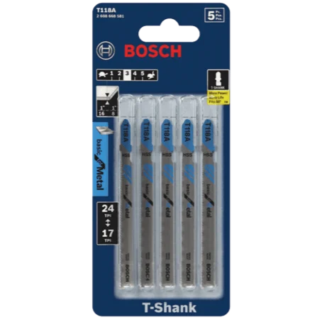 BOSCH T118A 5 pc. 3-5/8 In. 17-24 TPI Basic for Metal T-Shank Jig Saw Blades